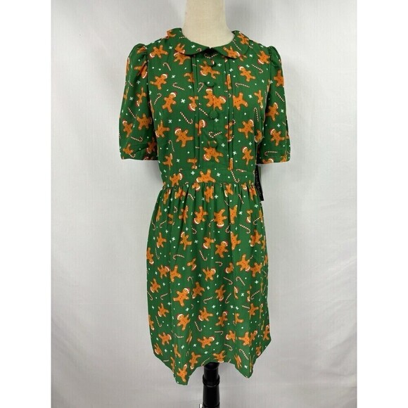ModCloth Dress Green Brown Gingerbread Print 6 Peter Pan Collar Tags Still On - Picture 16 of 16